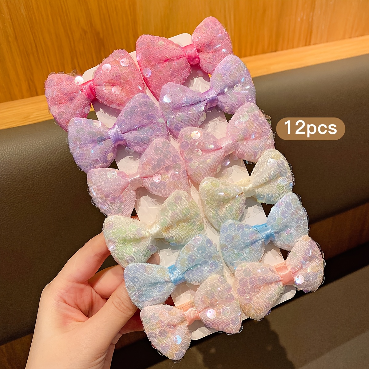 

12pcs Sparkling Sequin Bow Hair Clips | Pastel & Vibrant Colors, Fashionable Polyester Fabric | Glittery Hair Accessories For Girls