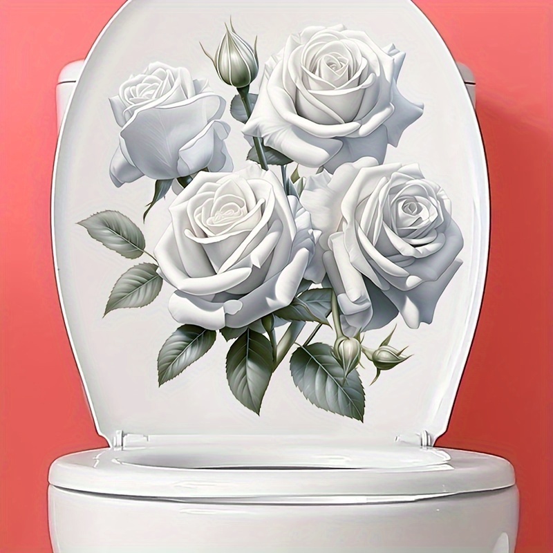

1pc, White Rose Pvc Wall Decal, Waterproof Floral Decal For Bathroom Toilet Decoration, Elegant Detachable For Home Decoration, Aesthetic Home Decoration, Room Decoration, Your Home
