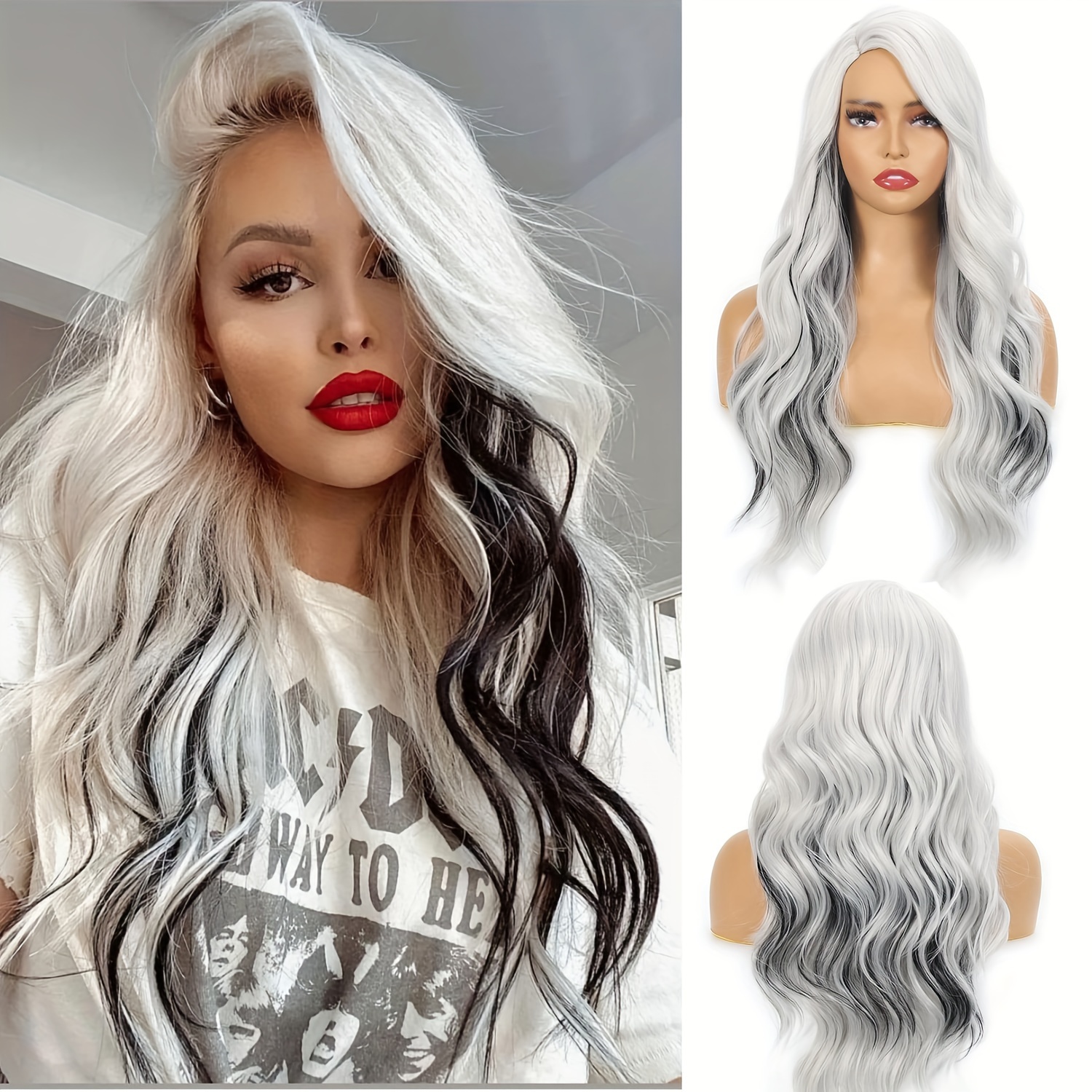 

Women's 28" Long Body Wave Wig, Ombre White Synthetic Hair With Bangs, Natural Look, High Temperature Fiber, Cap, 150% Density, For Cosplay & Daily Use, Wig Accessories