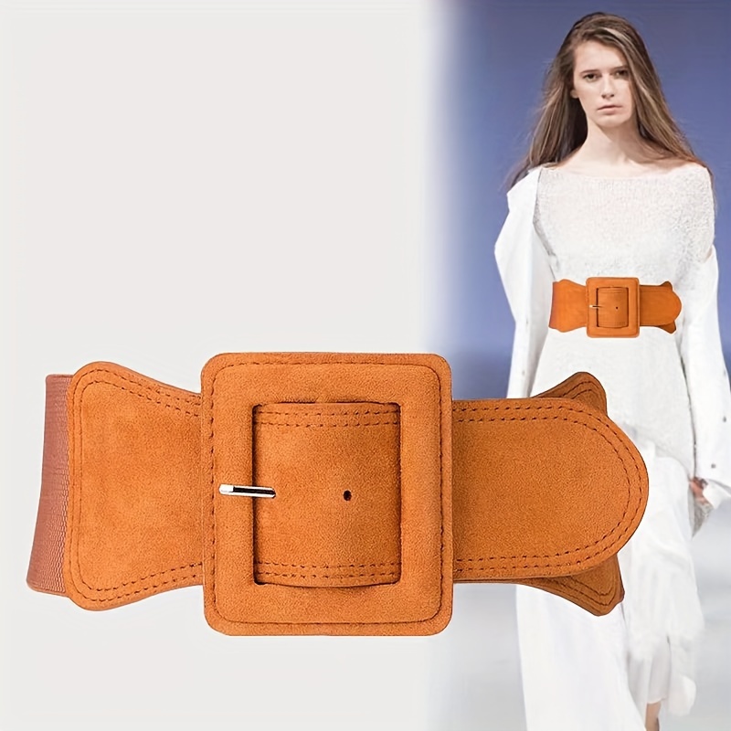 Square Covered Buckle Vintage Women's Wide Elastic Waist Belt Waistband  Plus Stretchy Cinch Belts Casual Business Elastic Leather Waist