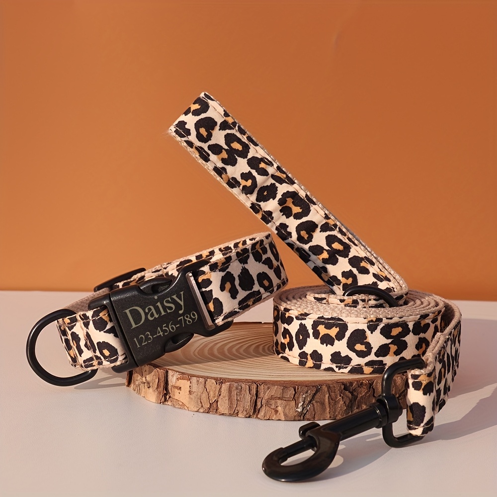 

Customizable Leopard Print Dog Collar & Leash Set With Personalized Id Tag - Adjustable, Anti-lost Pet Collar For Small To Large , Polyester Material, Personalized Dog Collar