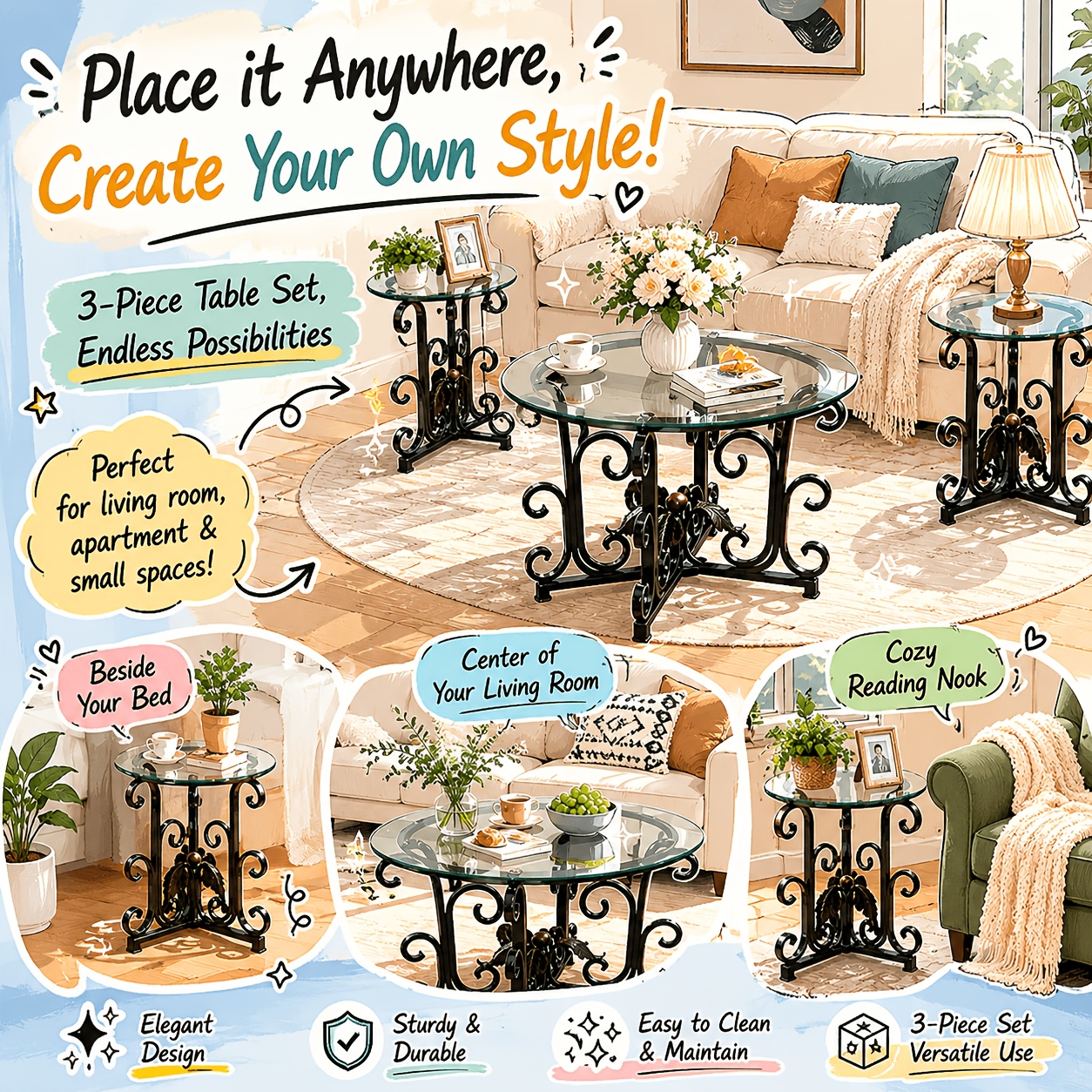 3pcs Round Glass Coffee Table Set, Tempered Glass Top with Black Metal Frame, Modern Living Room Furniture Set with 1 Coffee Table & 2 End Tables for Apartment Small Spaces