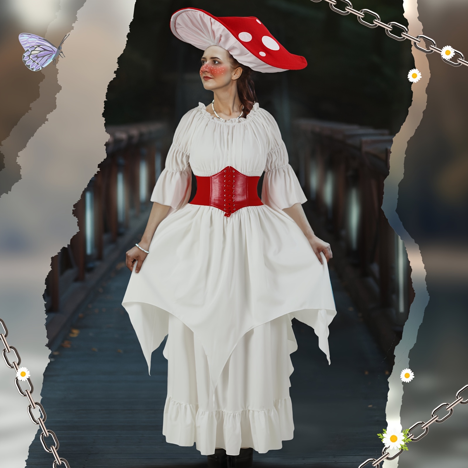 Renaissance Mushroom Medieval Costume With Hat And Cinch Belt Women  Victorian Fairy Retro Dress Cosplay (Small/Medium)