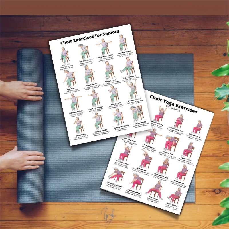 TEMU Lot de 2 affiches de yoga et d'exercices sur chaise pour seniors, guide d'entraînement facile à domicile pour personnes âgées, art mural