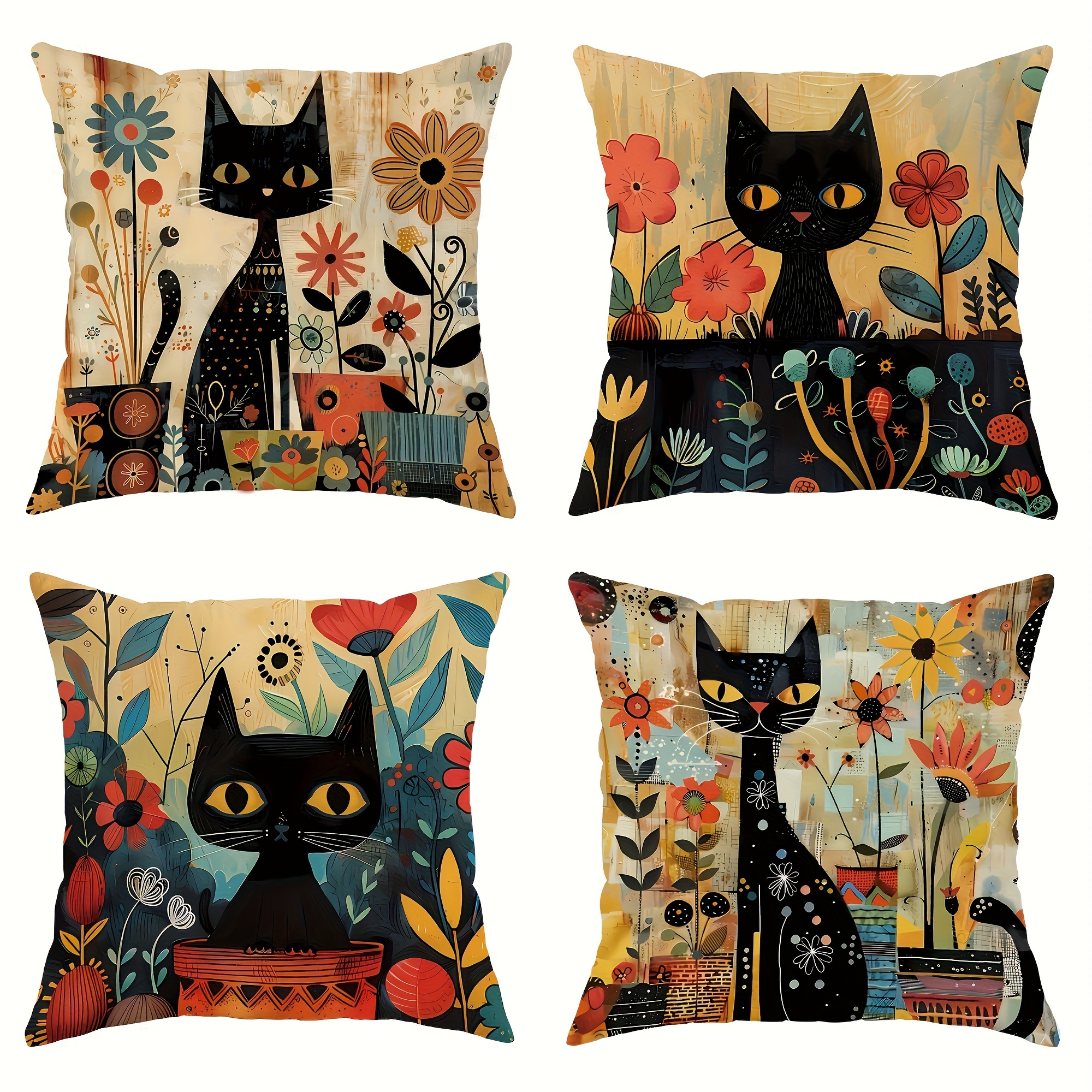 

4-piece Set Black Cat & Floral Throw Pillow Covers - Mid-century Abstract Design, 18x18 Inches With Zipper Closure - Ideal For Living Room And Bedroom Decor (cushion Inserts Not Included)