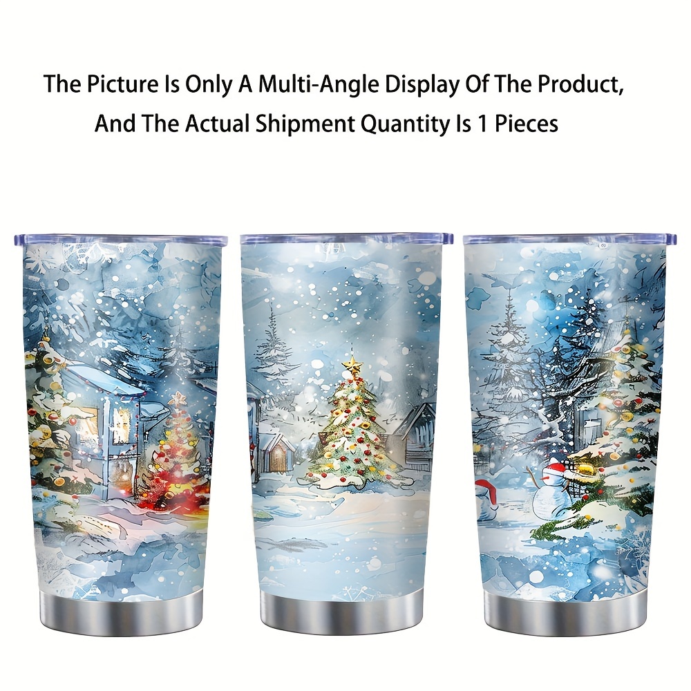 

Christmas Car Cup, 1pc 20oz Stainless Steel Heat Cold Insulation Water Bottle, Winter Snow Oil Painting Style Print Tumbler With Straw, Suitable Hot Coffee, Cold Drink