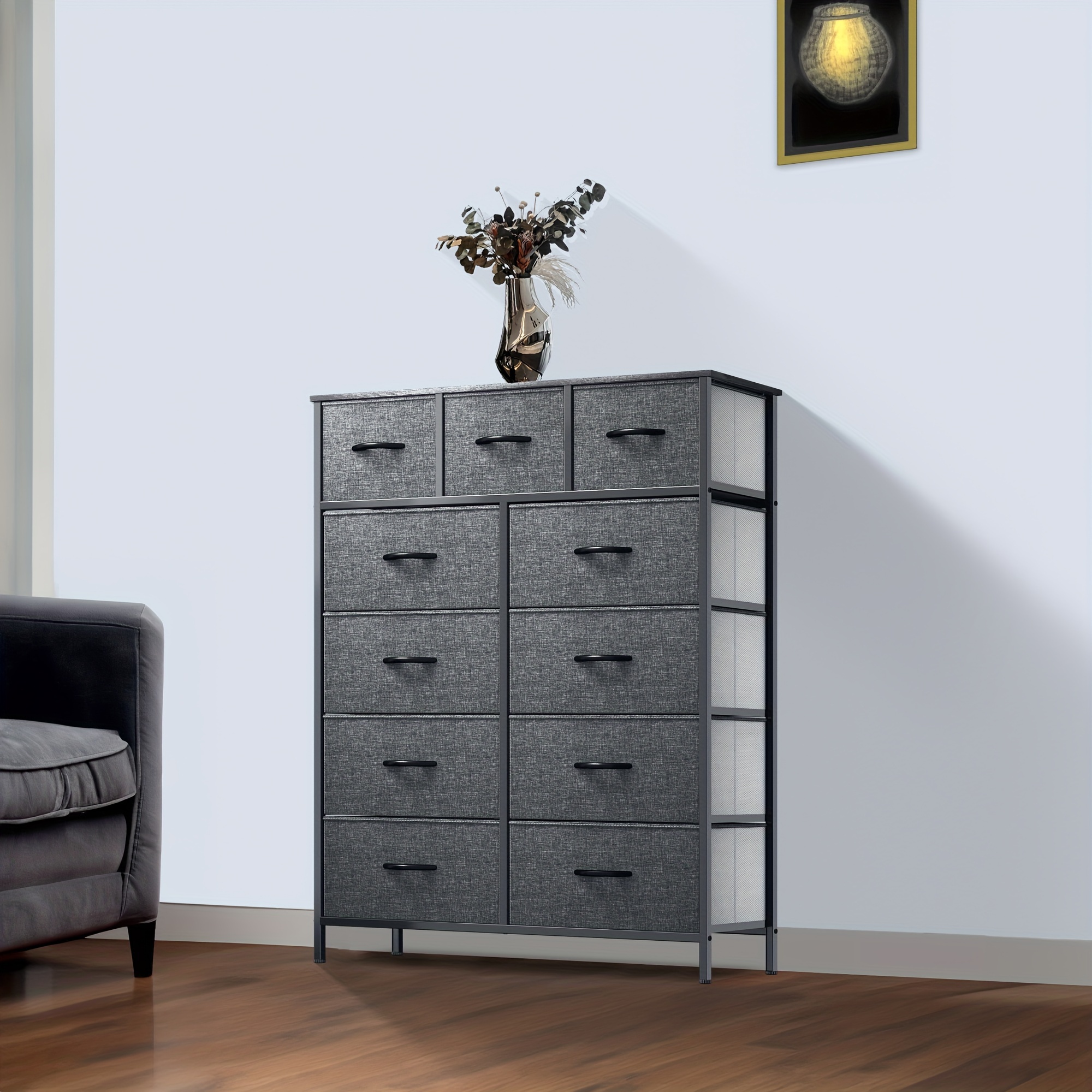 

Dwvo Fabric Dresser With 11 Drawers, Tall Dresser, Chest Of Drawer For Hallway, Sturdy Steel Frame, Wooden Top