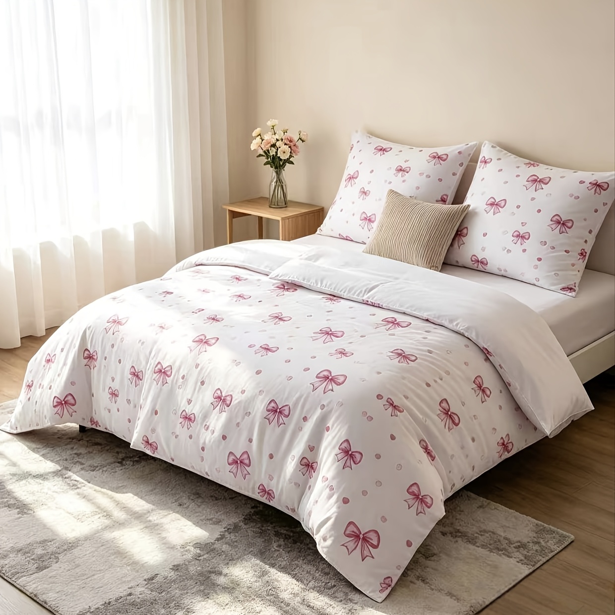 Image of Bed Set 135x200cm, 4pcs, 2x Duvet Covers 135x200cm With Pink Bow Pattern, 2x Pillowcases 80x80cm, Zipper, Durable, Soft And Comfortable Fabric