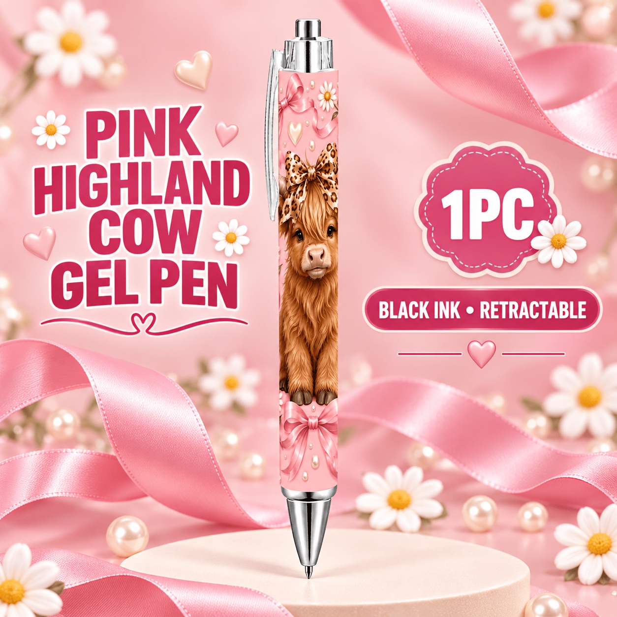 TEMU 1pc Pink Highland Cow Gel Pen, Black Ink Retractable Pen With Clear Acrylic Clip, Bow And Daisy Stationery Gift