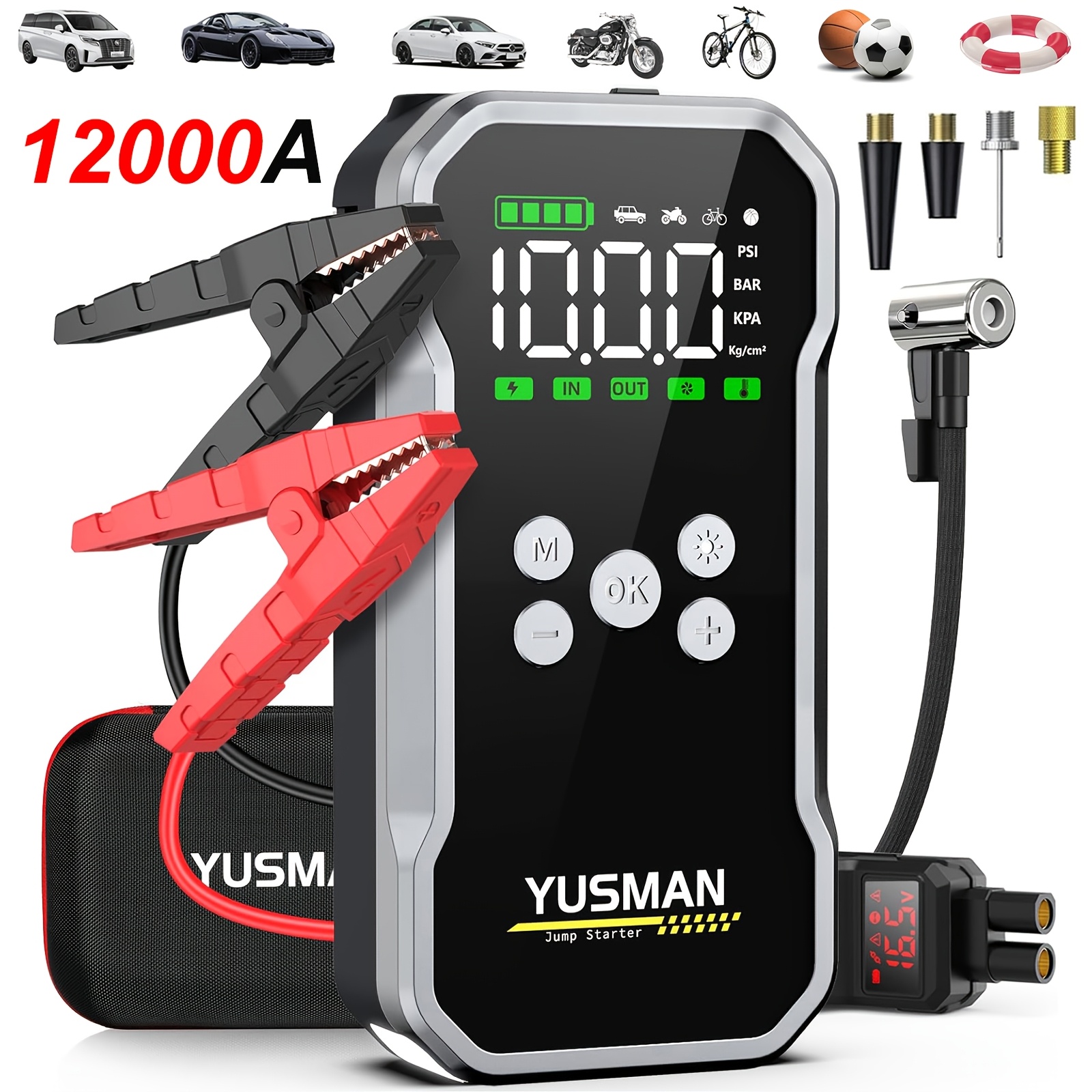 Image of 12000a Car Jump Starter With Air Compressor, 12v Battery Booster For All Gas & 10.0l Engine, Large Lcd Display, , Led Emergency Light, Portable Jump Box With Eva Storage Bag