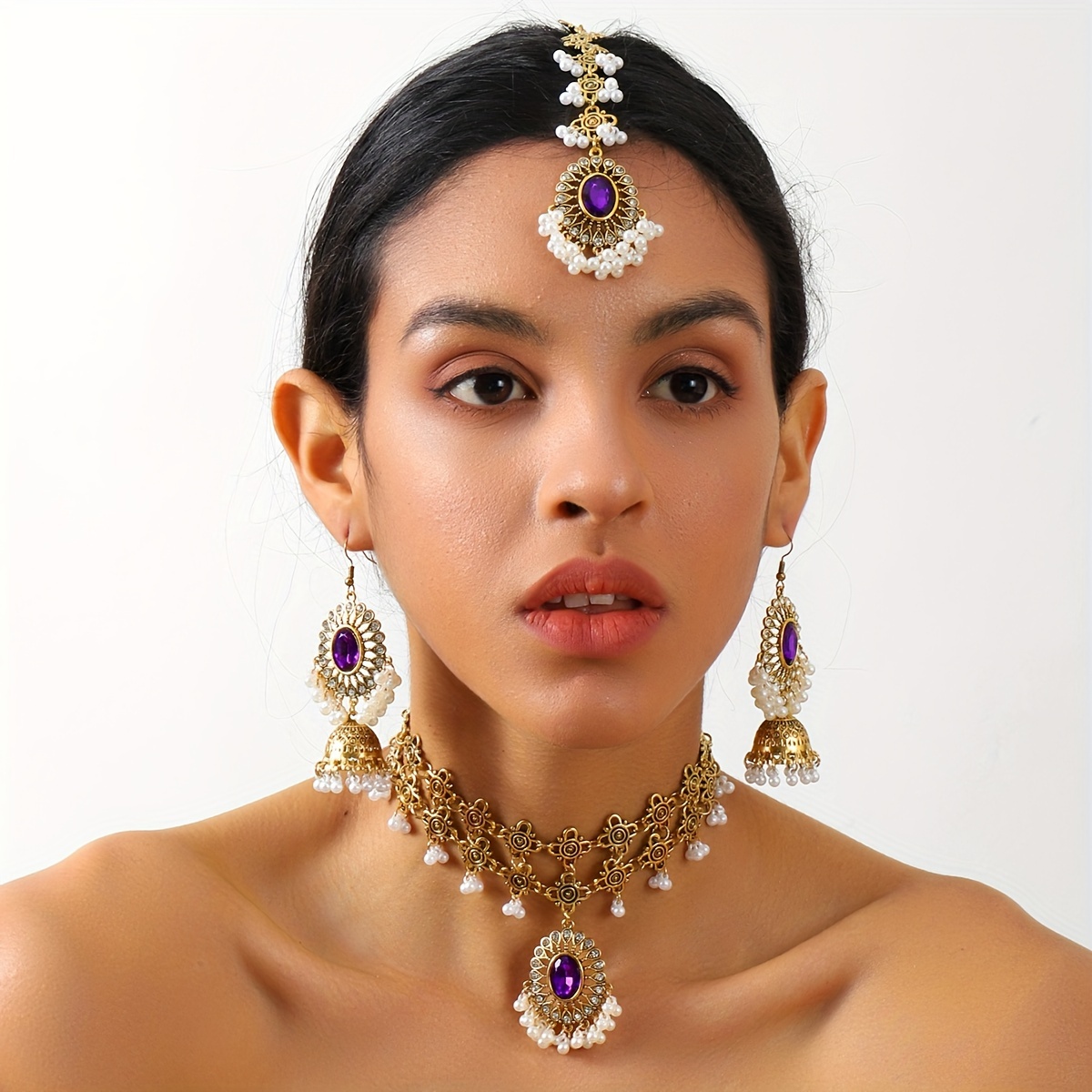 

Fashion Middle Eastern Jewelry Set, Bollywood Style Vintage Oval Rhinestone Embedded Choker Necklace, Dangle Earrings, And Beads Tassel Head Chain, Delicate Jewelry Set Gifts For Eid