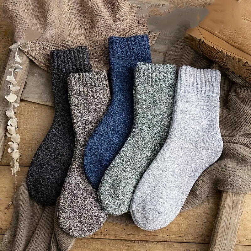 TEMU 5 Pairs Women's Thickened Thermal Socks - Retro Solid Color & Suitable For Snow Boots, , Medium Tube Socks For Weather, Hand Washable For,