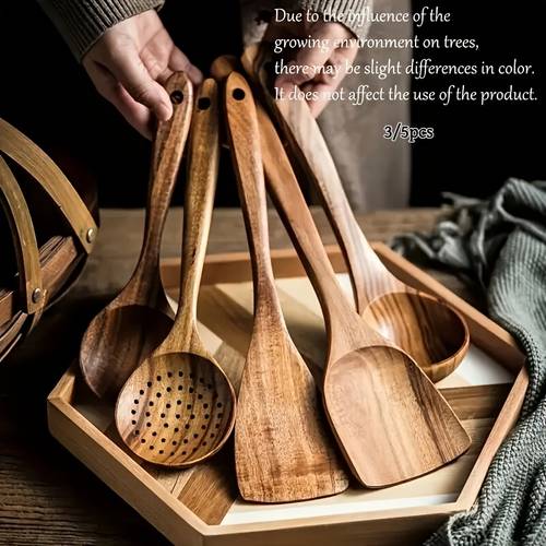 3 5 piece wooden kitchen utensil set natural wooden spoon set non stick pan kitchen tools handcrafted soup spoon and wok spatula essentials mothers day fathers day christmas thanksgiving gift stylish long lasting and durable