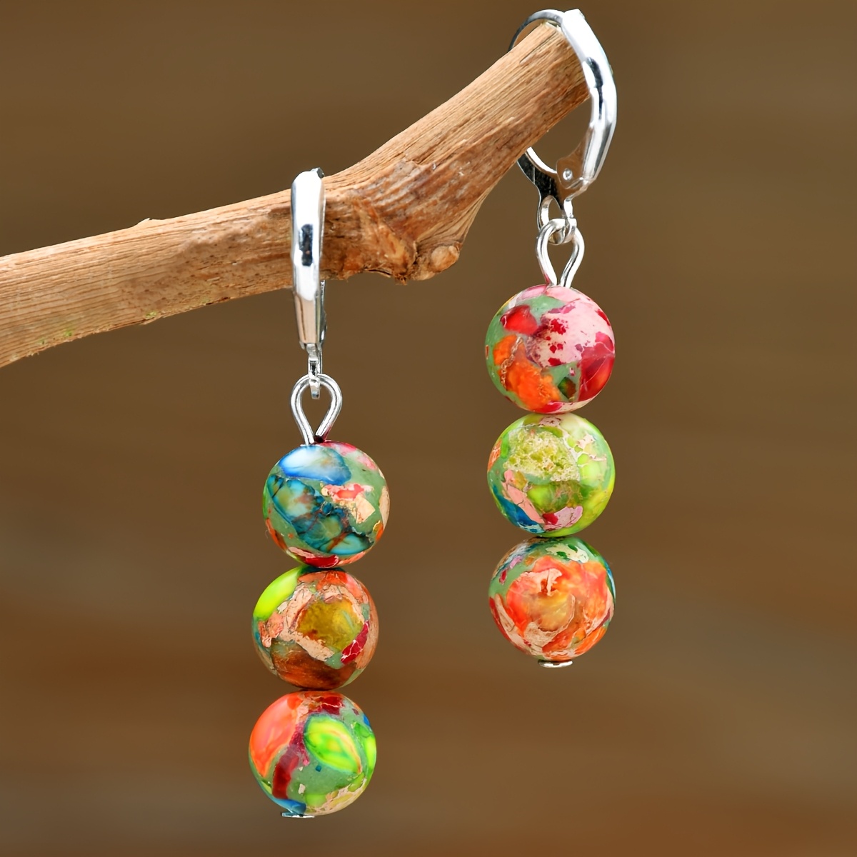 E-shop Bunte Naturstein Runde Perle Anhänger Ohrringe, Shoushan Tigerauge Lapis Ohrschmuck, Damen Bohemian Style Frühling Sommer Urlaubsdeko