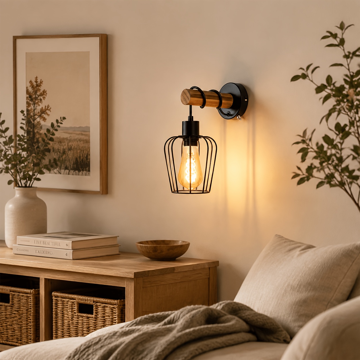 Image of Vintage Wall Lamp, Indoor Wall Light, Retro Lamp With Metal And Wooden Switch, Mesh , Black, Socket: | Metal Wall Lamp Night Light For Bedroom, Living Room, , ( Not Included)