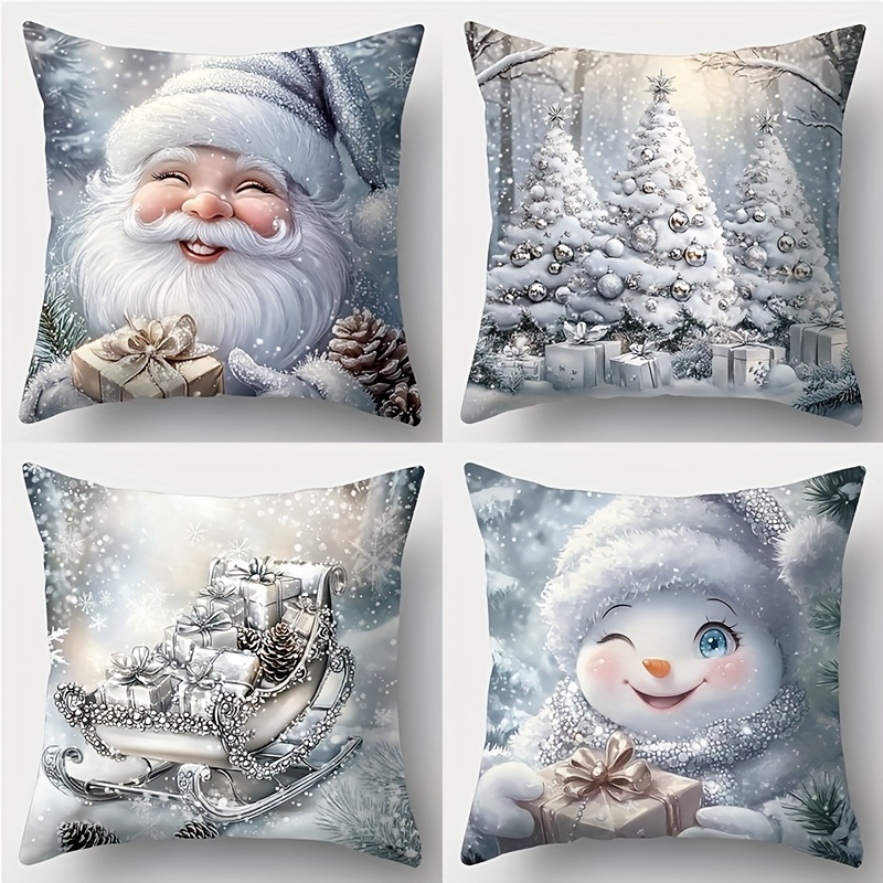 TEMU 4pcs, Printed Pillowcase, Silvery-white Christmas Theme, Santa Claus, Snow Scene, Christmas Tree, Sleigh, Snowman, And Pure. Suitable For Daily