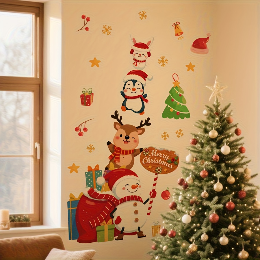 Image of Christmas Snowman, Deer, Penguin, Rabbit, Christmas Hat Wall Stickers, Living Room Sofa, Party Decoration Wall Stickers, Merry Christmas