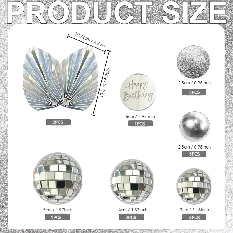 E-shop 19-teilige Disco-Kugel Kuchen-Dekoration Spiegelkugel Kuchen-Dekoration Silberne Disco-Kugel Kuchen-Topper Happy Birthday Kuchen-Dekoration