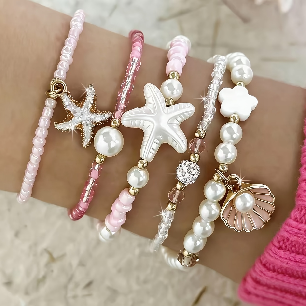 TEMU Juego de 5 piezas: juego de pulseras de pintura al óleo para mujer, con colgante estilo de cuentas de cristal, elegante y de moda, pulsera