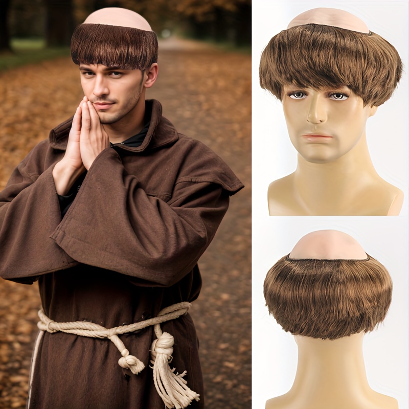 Monk Costume Wig Set For Adults - Bald Cap With Glasses & Cross Necklace, Brown Short Hair For Cosplay