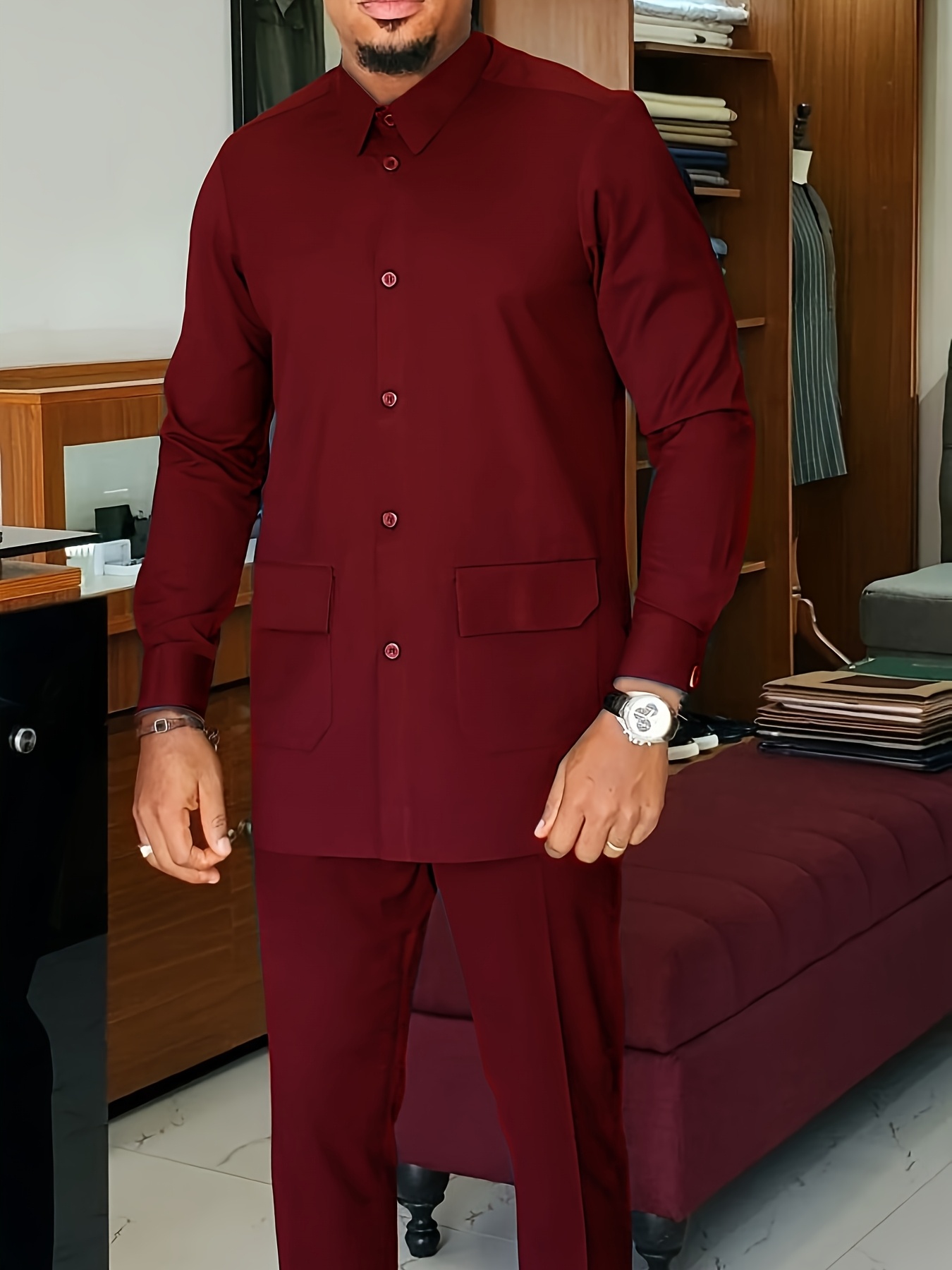 Men's Dashiki 2pcs Suit, Turn- Collar, Single-Breasted Button, Pocket Design Shirt, Drawstring Elastic Waist Long Pants, Suitable for Weddings, Dates, Birthdays, Parties, Celebrations, Commuting Office Men's Clothing