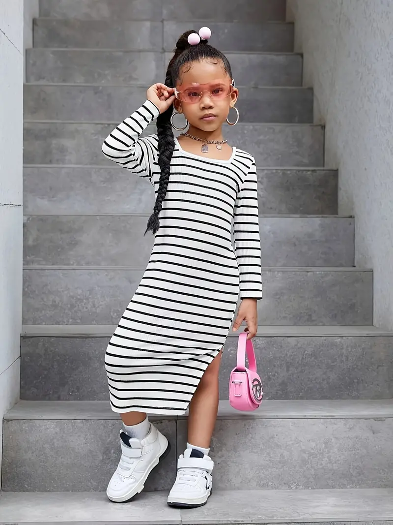 1pc Girls' Knit Striped Bodycon Dress with Faux Collar, Casual Polyester Knit Fabric, Medium Stretch, Fall/* * Children 1pc Girls' Knit Striped Bodycon Dress with Faux Collar, Casual Polyester Knit Fabric, Medium Stretch, Fall/* * Children