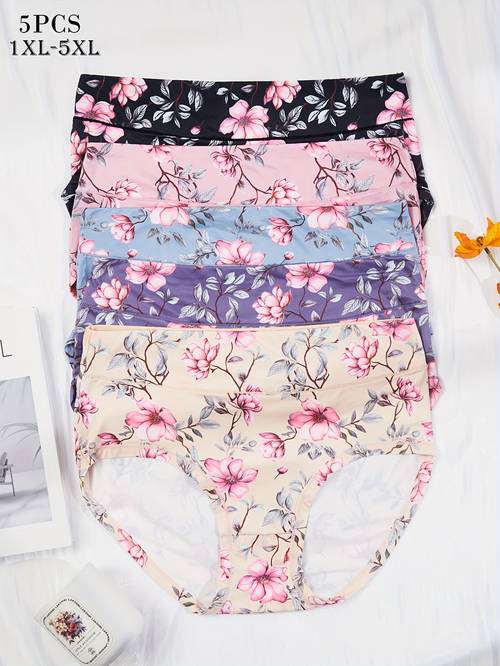 varebillede 5 stk. dame plus size trusser printet blomstret elegant stor trekant trusser