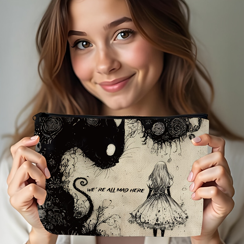 E-shop Dunkle Märchen-Katzen-Kosmetiktasche - Geheimnisvolle schwarze Katze & Mädchen-Illustration Reißverschluss-Tasche, Reise-Kosmetik-Organizer für