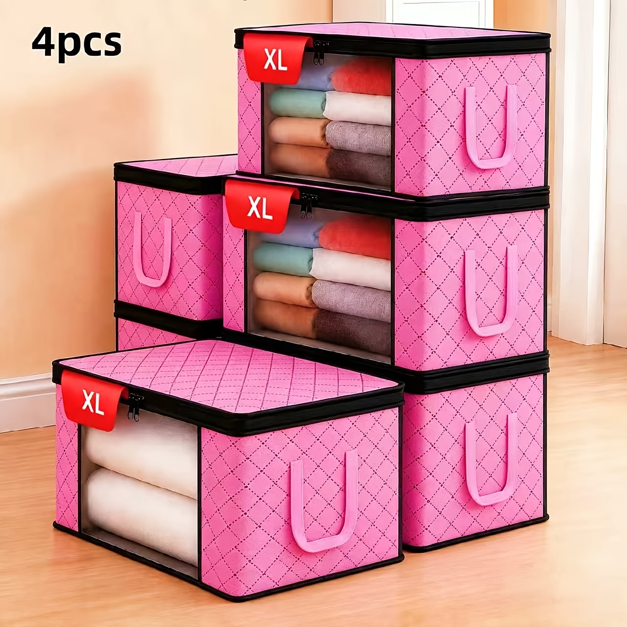TEMU 4pcs Extra Large Foldable Storage Boxes, Durable Folding Organizer Bags With Viewing Window, Zippered Lid, And Reinforced Handles, Suitable For