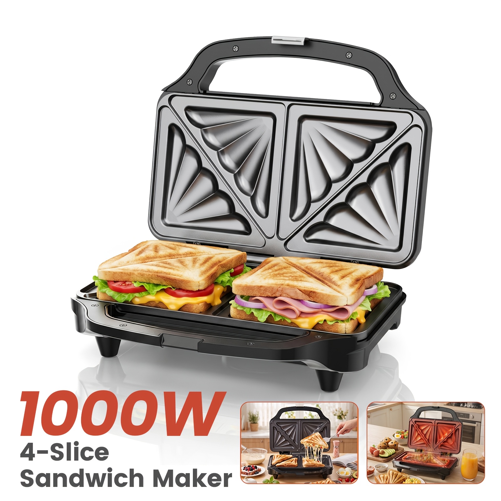 Image of Superlex 4- Sandwich Maker, 1000w Toaster Maker With Dual Heating Plates, Handle & Indicator Lights, Non-slip Feet, Handle Lock & Cord Wrap, Compact Upright Storage, Quick Breakfast & For Family