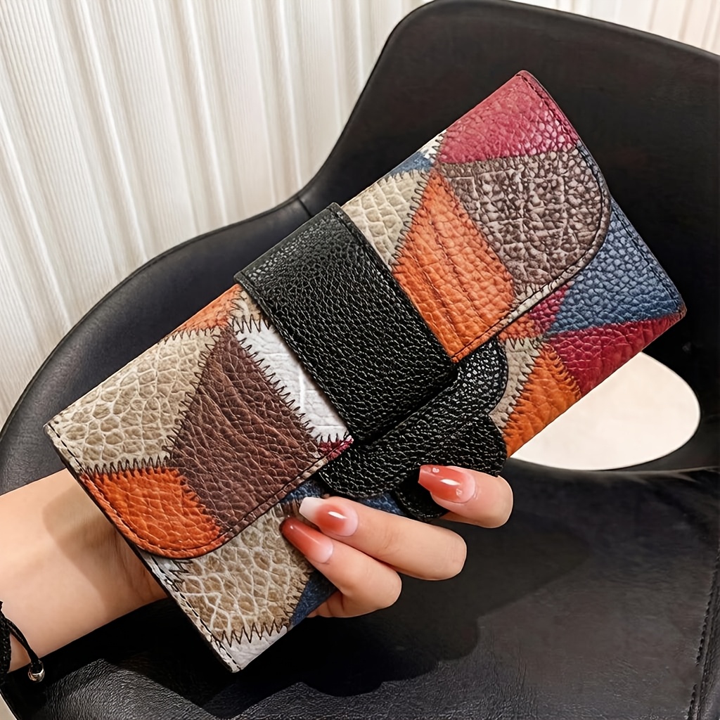 TEMU Billetera Larga Retro para Mujer, Diseño de Estampado Geométrico Multicolor, Gran Capacidad, Diseño de Ranuras para Múltiples Tarjetas, Cierre a