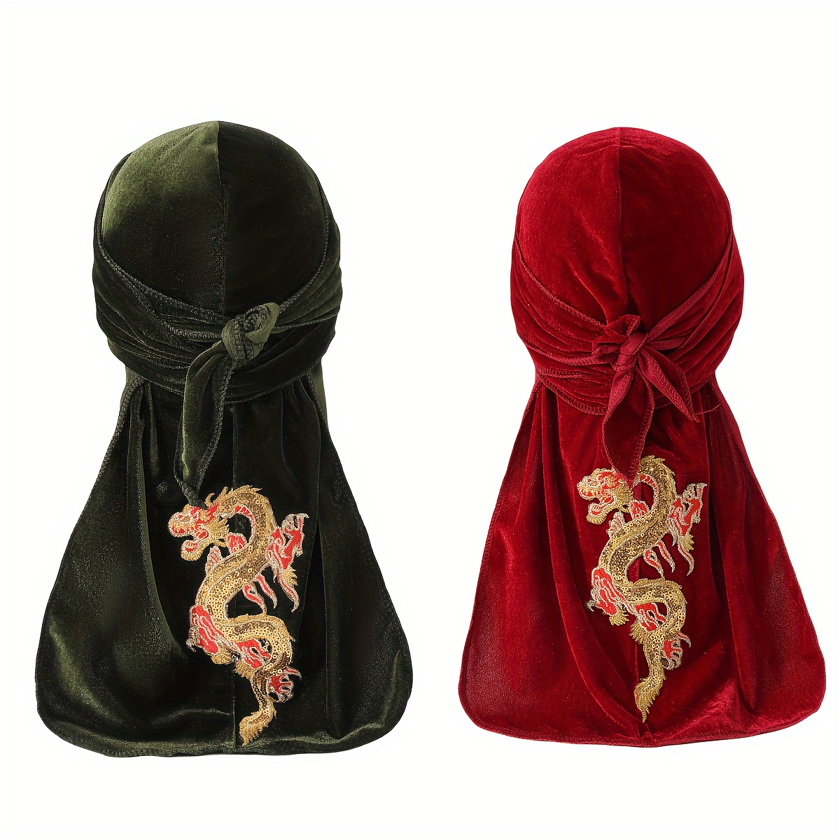 2pcs set chinese dragon embroidery durags classic velvet head wraps elastic pirate hats new year turbans bandanas for women men
