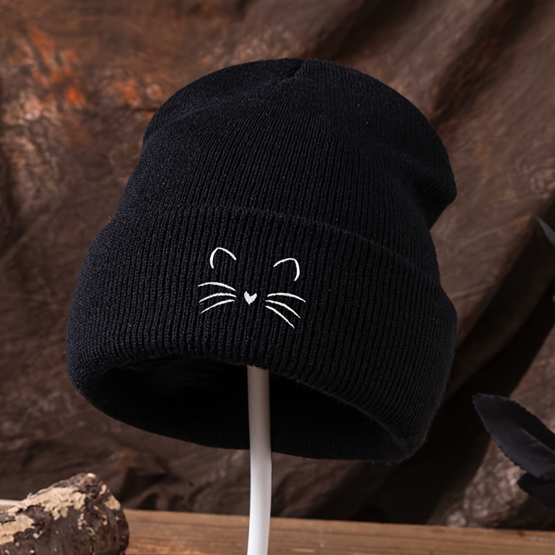 TEMU Bonnet Tricoté Brodé Chat Amusant, Bonnet Unisexe Extérieur, Doux et Confortable, Tendance et Polyvalent