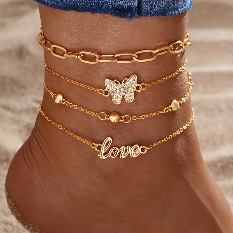 TEMU 4pcs Set Vintage Style Stackable Anklet Set With & Love Shape Adjustable Ankle Bracelet For Women