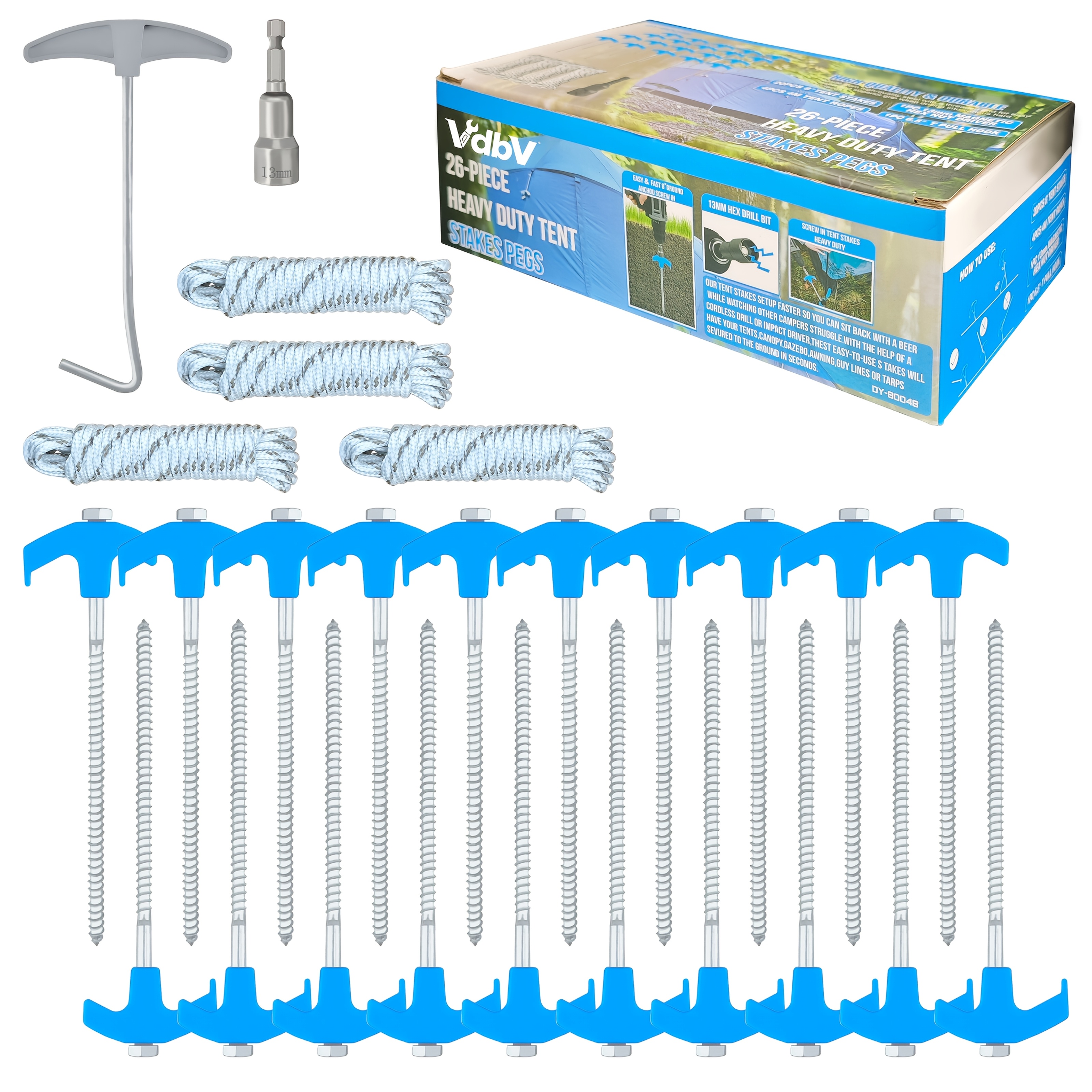 TEMU Heavy Duty Threaded Tent Stakes, Drill In Style Ground Anchor Pegs 26pcs Set, 20pcs 8in Tent Stakes, 4pcs 13ft Rope, 1 Stopper T Pull Hook & 1
