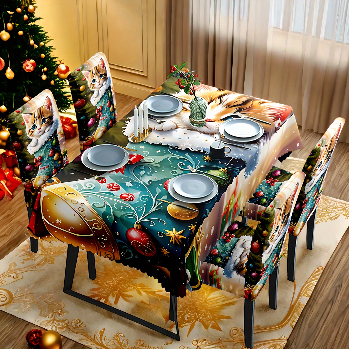 

7pcs Christmas Cat Stretchable Chair Covers And Tablecloth Set - And , Washable, , , , For And Decor