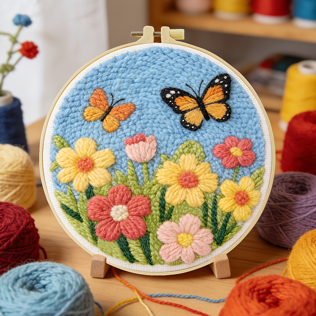 TEMU 1 Set Of 2d Adult Beginner Punch Needle Embroidery Kit, 20*20cm/7.8*7.8in, In Flowers Theme, Complete Handmade Punch Needle, Gift Set Including
