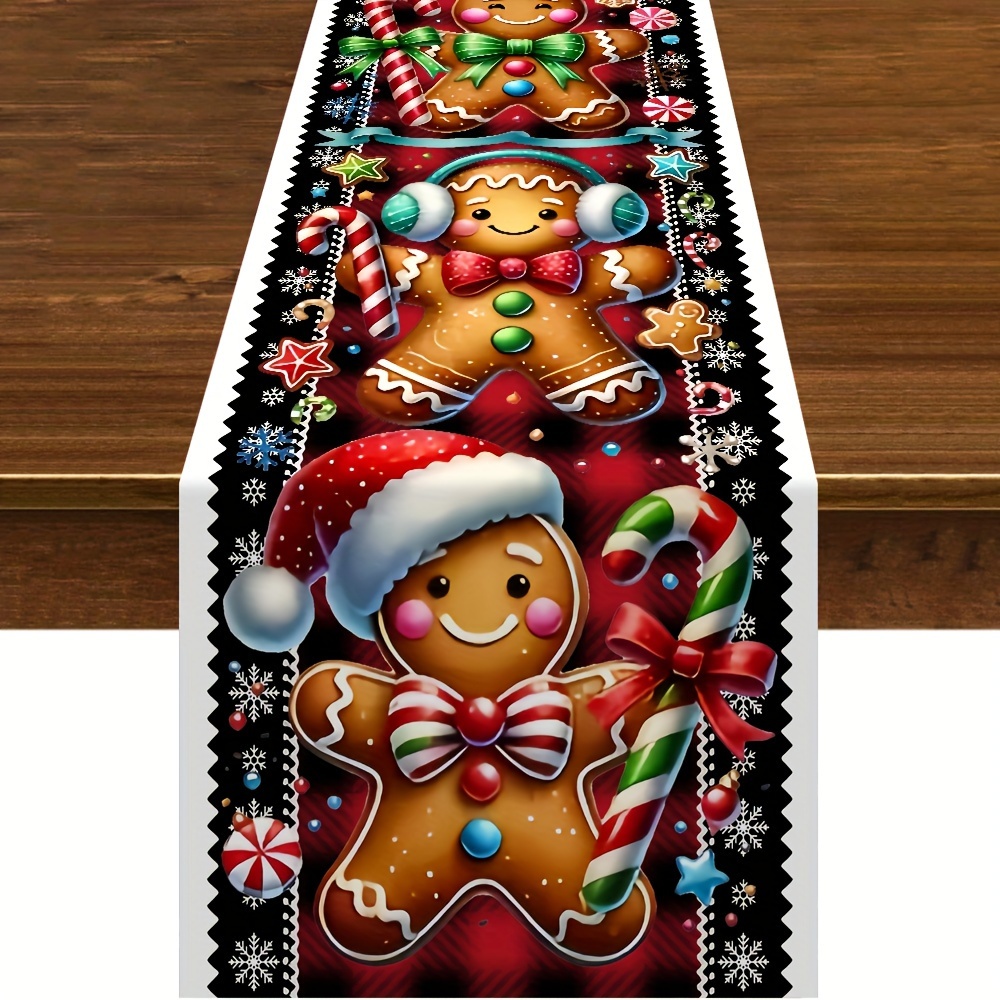 

Christmas Cheer Table Runner - Gingerbread For Man & Hat Design, Polyester, Holiday Dining & Kitchen Decor