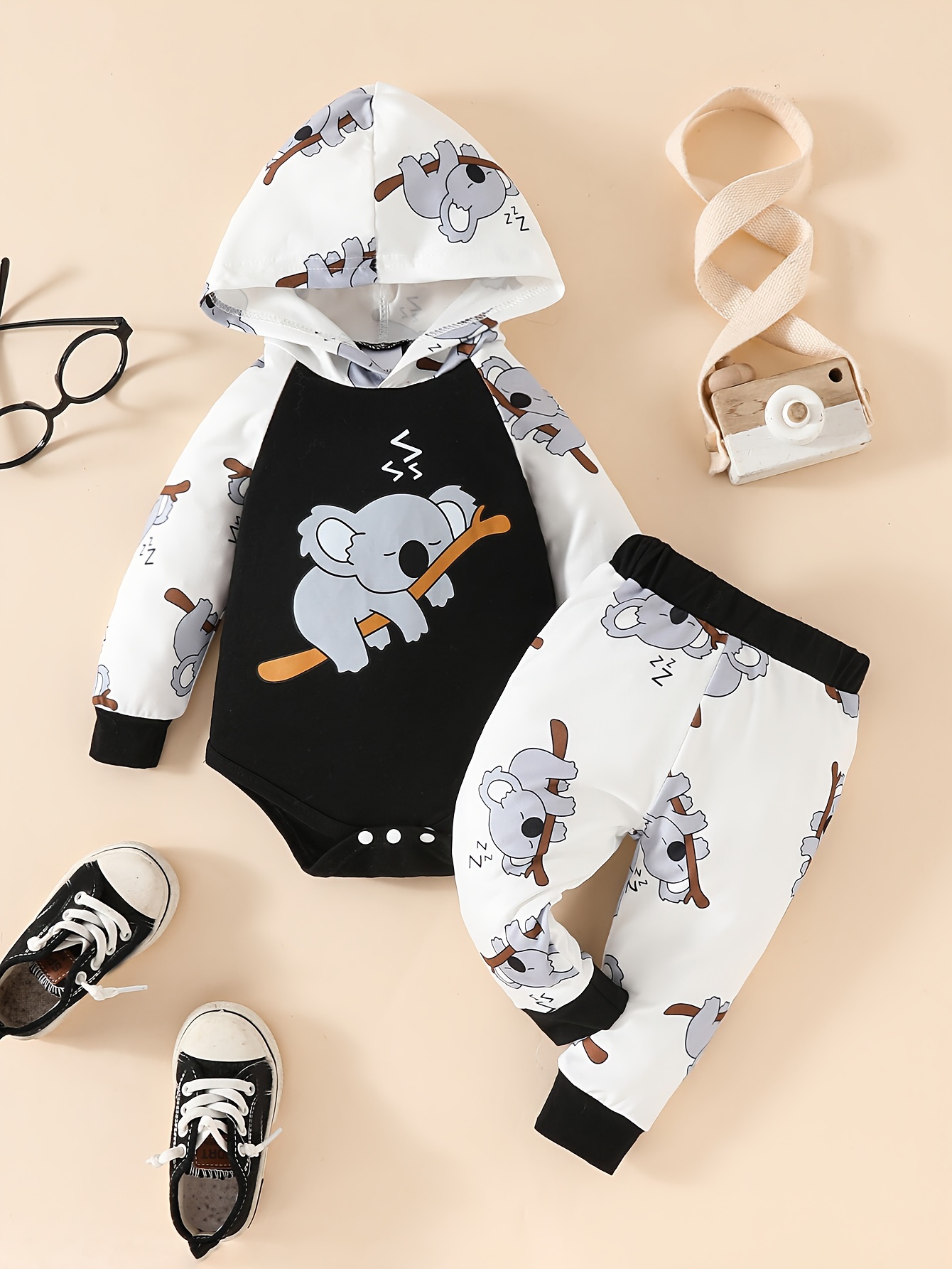2pcs babys cartoon koala print hooded raglan sleeve bodysuit