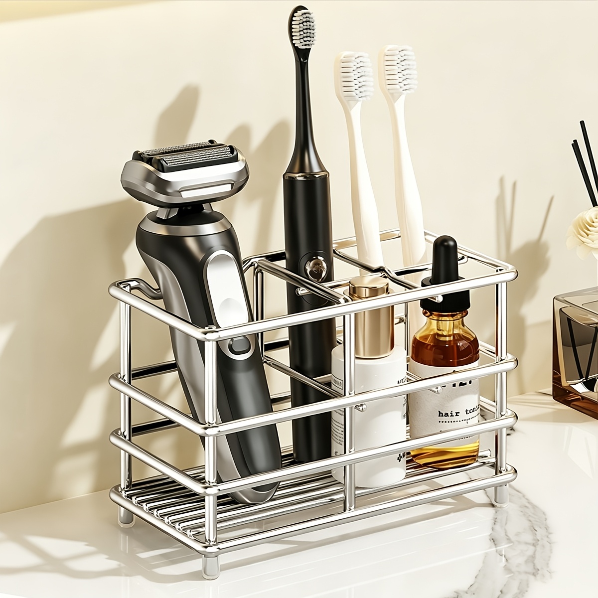 TEMU Stainless Steel Bathroom Countertop Organizer, Toothbrush Holder With Drainage Base, Ideal For Storing Toothbrushes, Toothpaste, Skincare Products And Small Bathroom Essentials