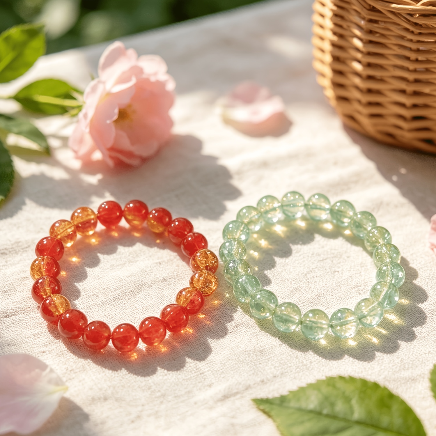 2pcs Glazed Crystal Beaded Bracelet Set, Fresh and Simple Style
