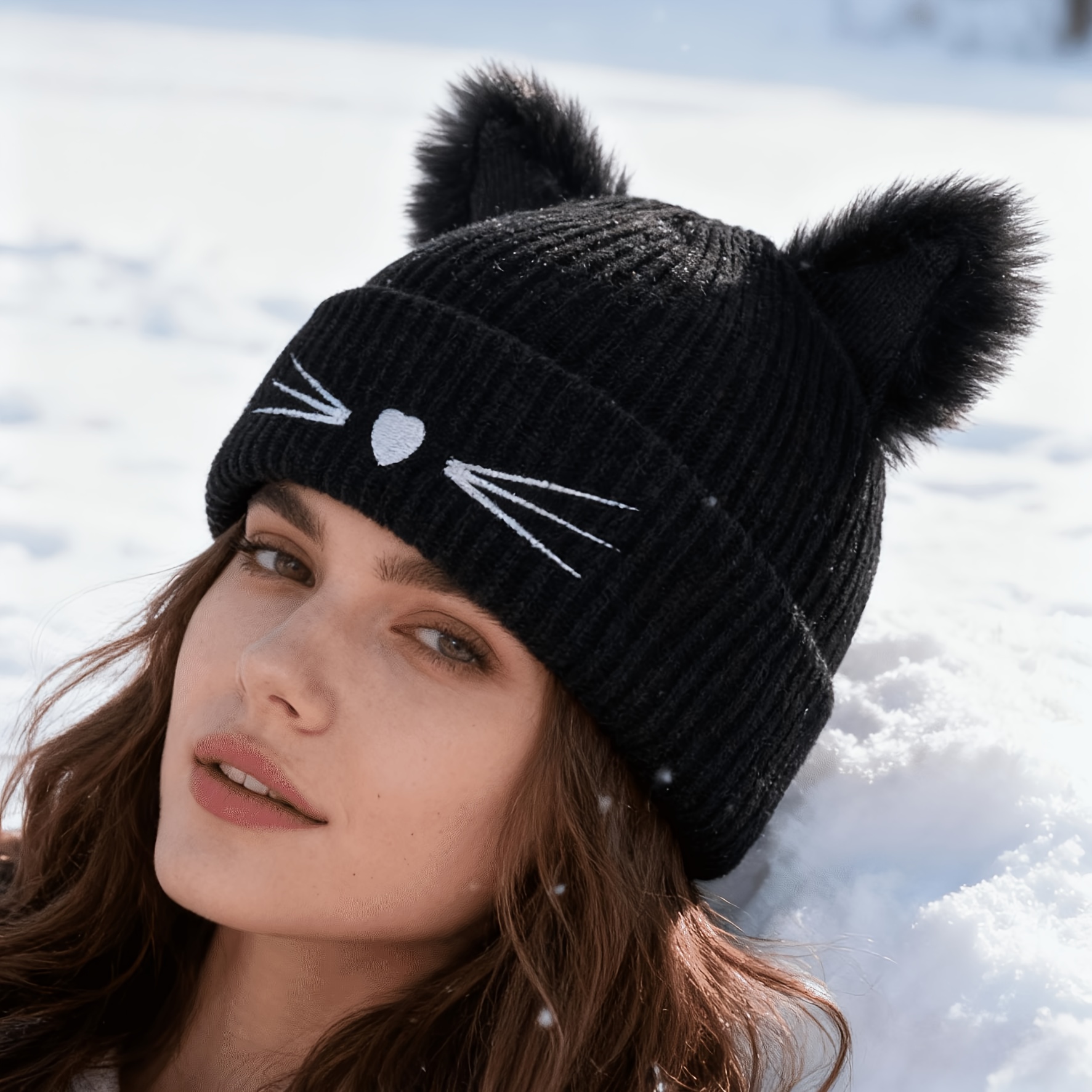 E-shop 1 Stück Damen Katzenmütze Häkelhüte mit Ohren Schwarze Katzenmützen Winter Niedliche Y2K Katzenohren Beanie für Erwachsene