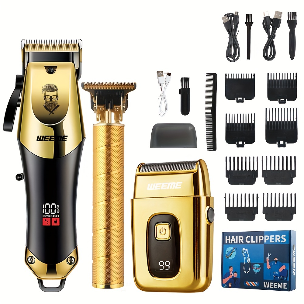 

Weeme Kit 3-piece Set, Golden Hair Clippers With Lcd Display, Usb Rechargeable, 8 Guide Combs, Trimmer And Shaver, With Cleaning Brushes And Comb, Gift For Men,, For ,, For Dad