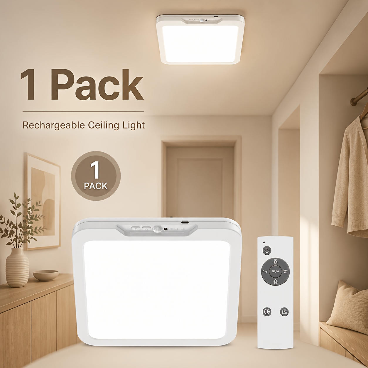 TEMU 1 Pack/2 Pack/3 Pack Plafonnier à Détecteur de Mouvement, Lampe de Placard Fil à Piles, Lampe de Douche LED Rechargeable à Fixation Magnétique