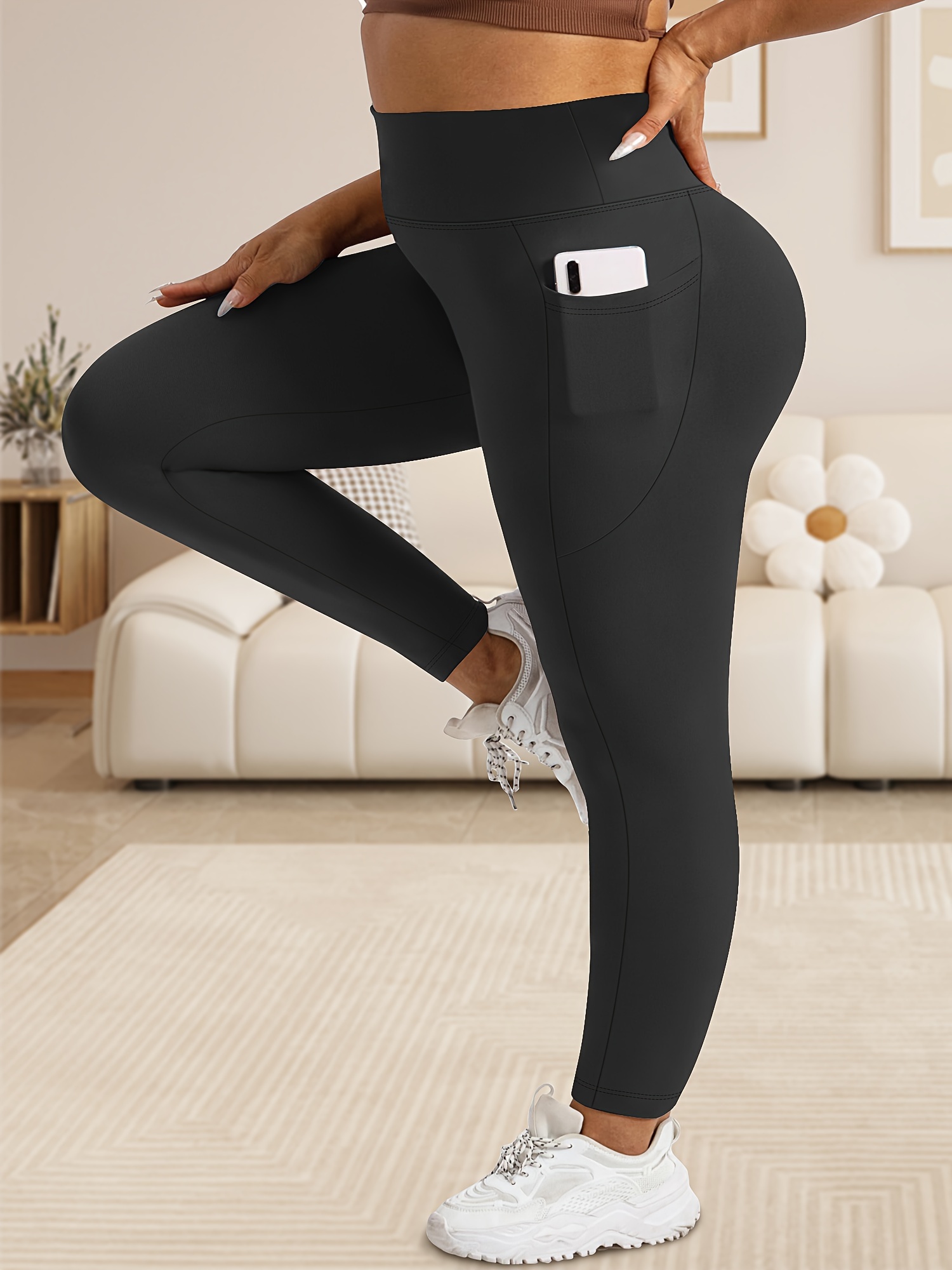 Women'S Plus Size High Waist Tummy Control Leggings with Pockets, 88% Polyester 12% Elastane, Skinny Fit, Solid Color, Knit Fabric, 200g/m², All Season Athletic Yoga Pants for Running & Fitness