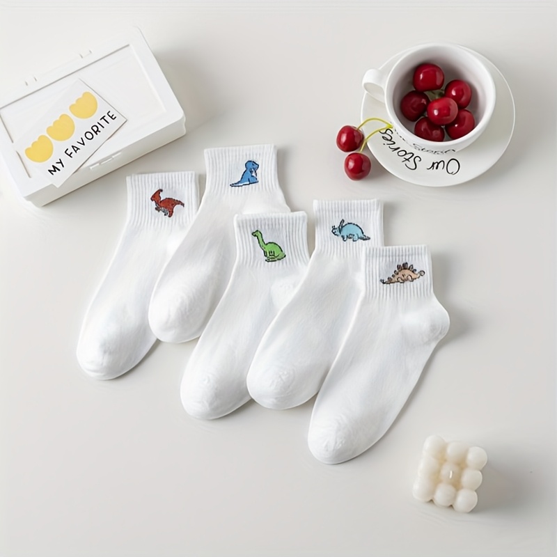 Image of 5/10 Pairs Of Assorted Women's Short Socks In Classic White With A Cute And Stylish Dinosaur Pattern, Wear And Versatile Matching