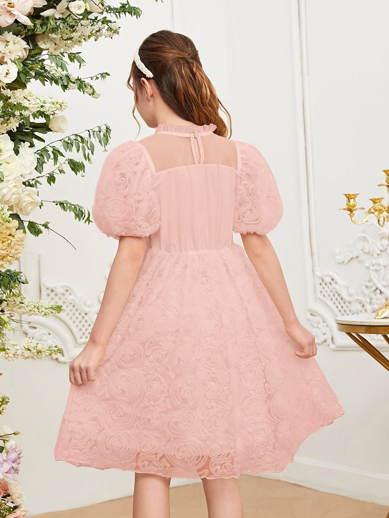 girls pink mesh layered floral princess dress short sleeve - Temu