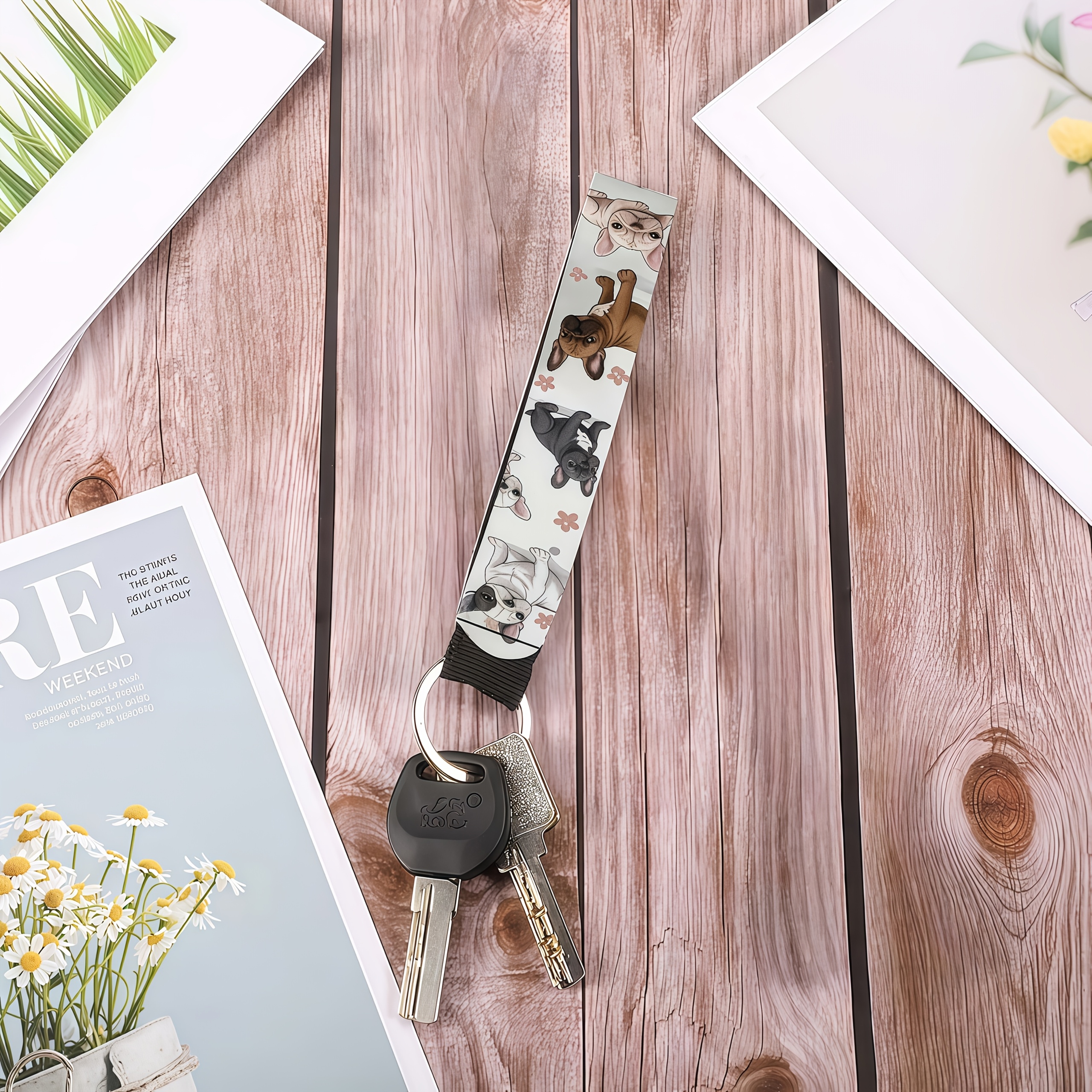 TEMU Cute French Bulldog Print Keychain - Durable Rubber Keyring With Adorable Puppy Design, Perfect For Cars, Cameras, Bags, Phones, And Home Use, Accessory, Secure Keyring