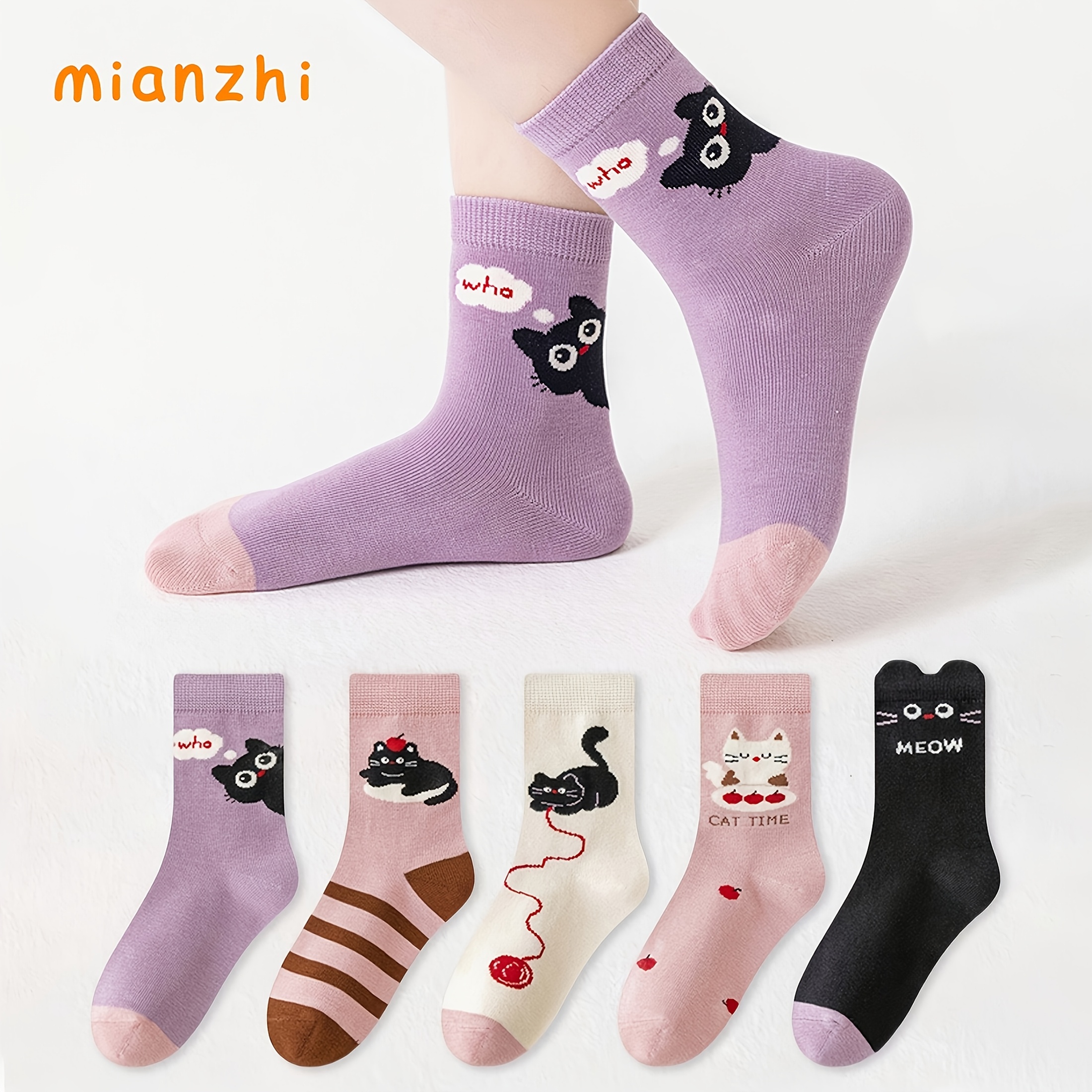 Image of 5-pair Mianzhi Children's Socks, Cute Cartoon Kitten Pattern, , Color- Mid-calf Socks For Boys And Girls, Suitable For Daily Life,fall And Winter Clothes