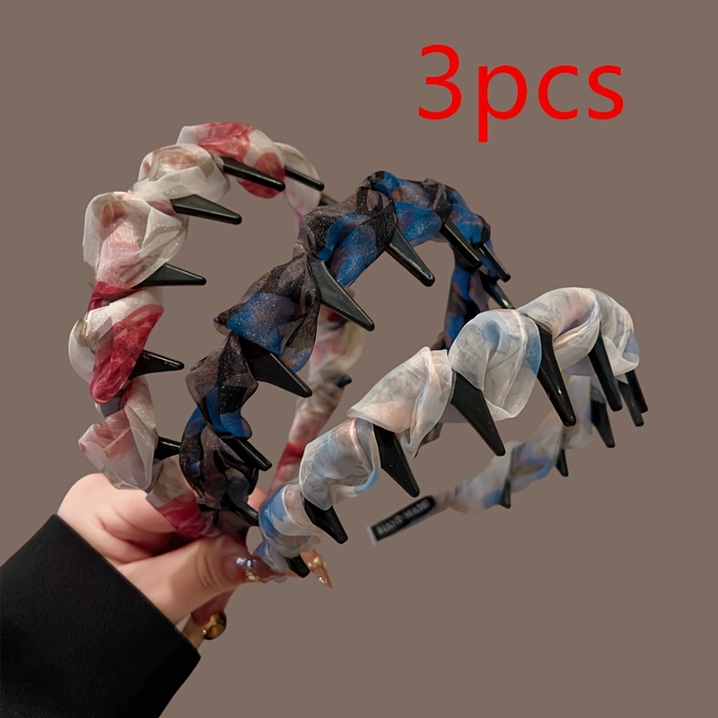 E-shop 3er-Pack Bedruckte Plissierte Mesh-Stirnbänder, Rutschfeste Wellenzahn-Kamm-Haarbänder, Vielseitige Hochkronen-Elegante Haaraccessoires